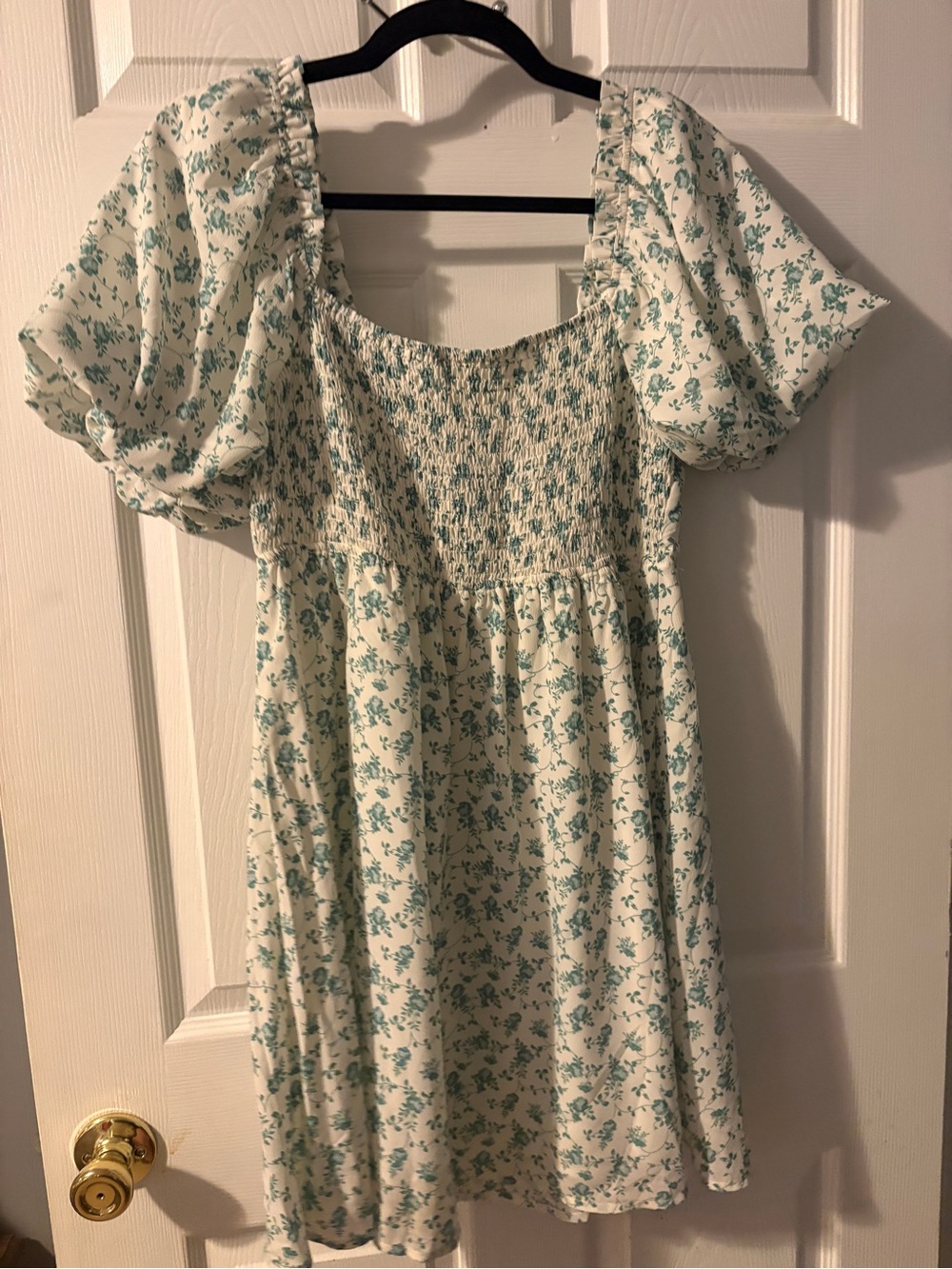 Altar'd State Cream Mini Dress with Teal Floral Print and Puff Sleeves - Picture 4 of 5